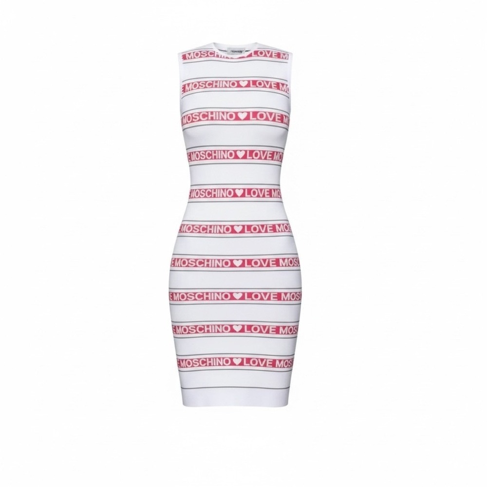 Love Moschino Womens White Pink Logo Stripe Heart Sleeveless Knit Dress Size 6 - Picture 2 of 10